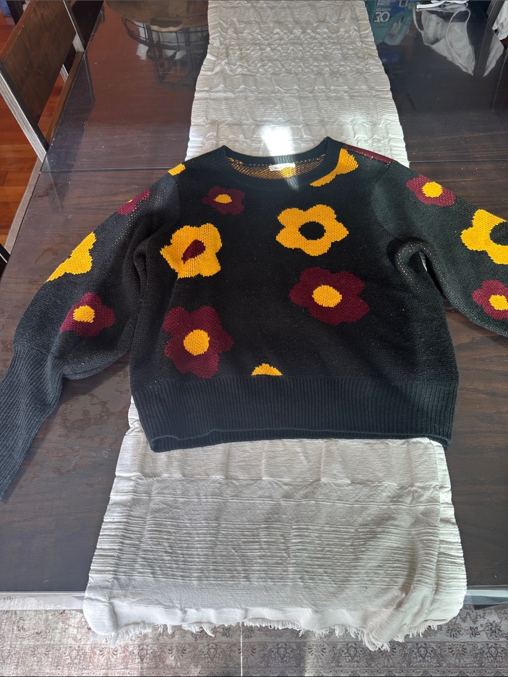 Sugarlips Black Crewneck Sweater with Yellow and Burgundy Floral Accents NWOT